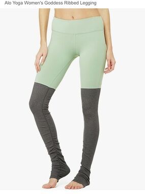 ALO Yoga Two-Tone Goddess Ribbed Legging — Sage Green & Charcoal